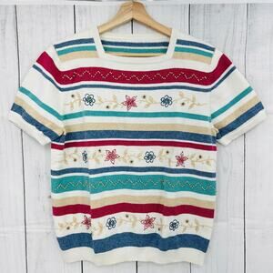 Vintage 90s Cream Striped Floral Embroidered Knit Beaded Cottagecore Sweater S